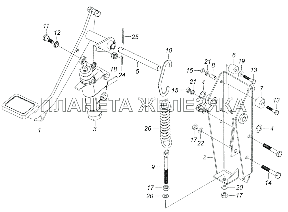 6520-1602008 Педаль сцепления с кронштейном и главным цилиндром КамАЗ-6522 (Euro-2, 3)